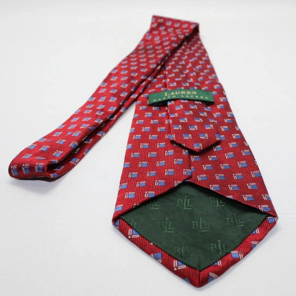 Lauren Ralph Lauren Mens Red Geometric Square Silk Necktie Hand Finished USA‎